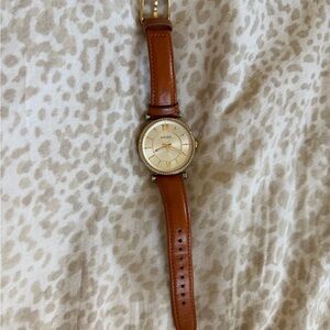 Fossil Brown Leather Strap Watch with Gold Dial and Crystal Trim